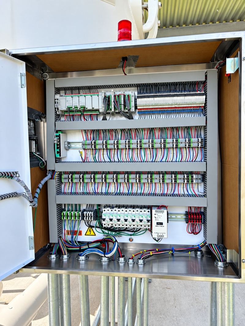 Open WETS AI PLC control panel with neatly routed and labeled wiring, installed on site