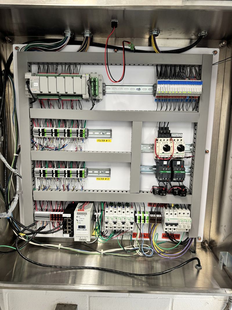 PLC control panel interior with I/O modules, relays, starters and wire duct