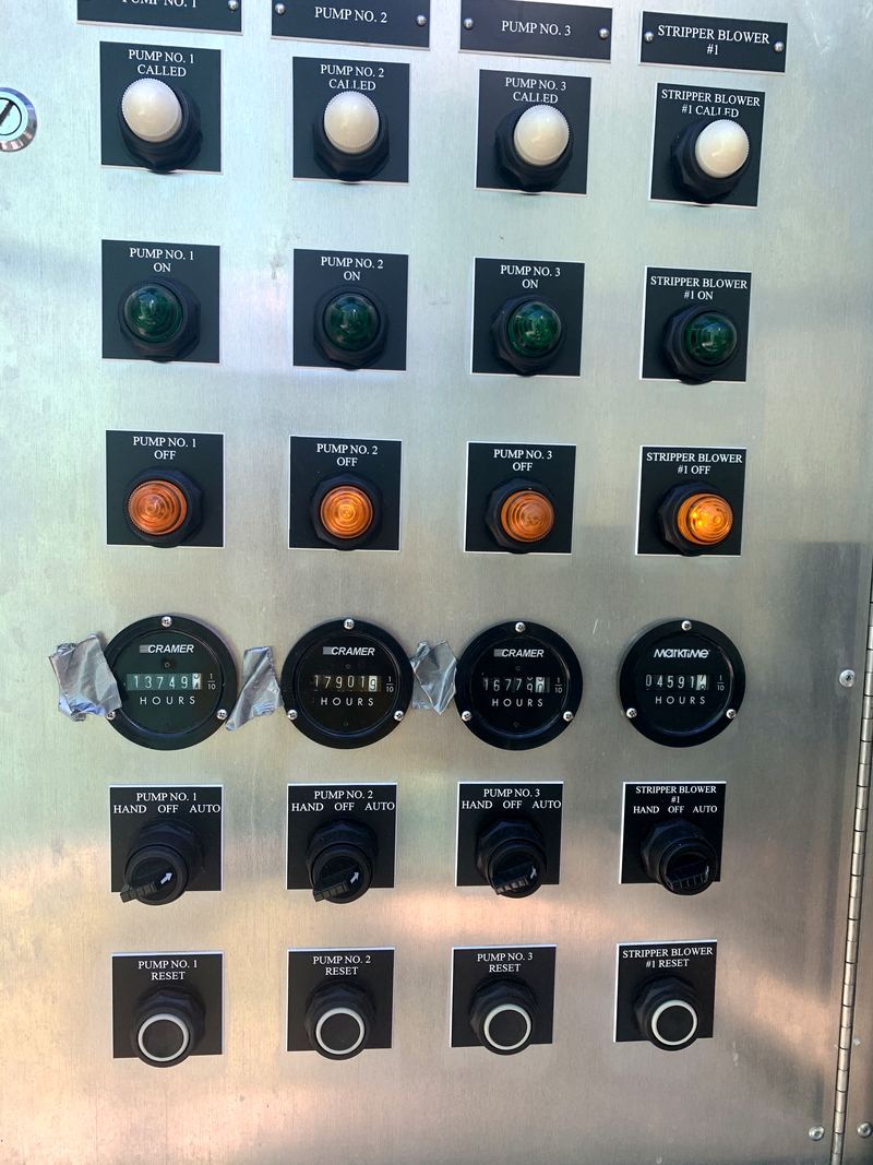 Stainless operator panel with pilot lights, hour meters and selector switches