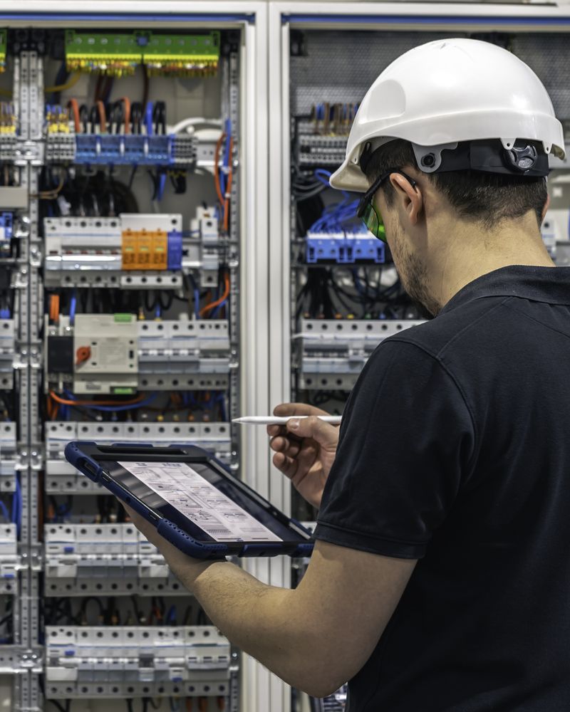 Technician checking a wired control panel against the electrical drawings on a tablet