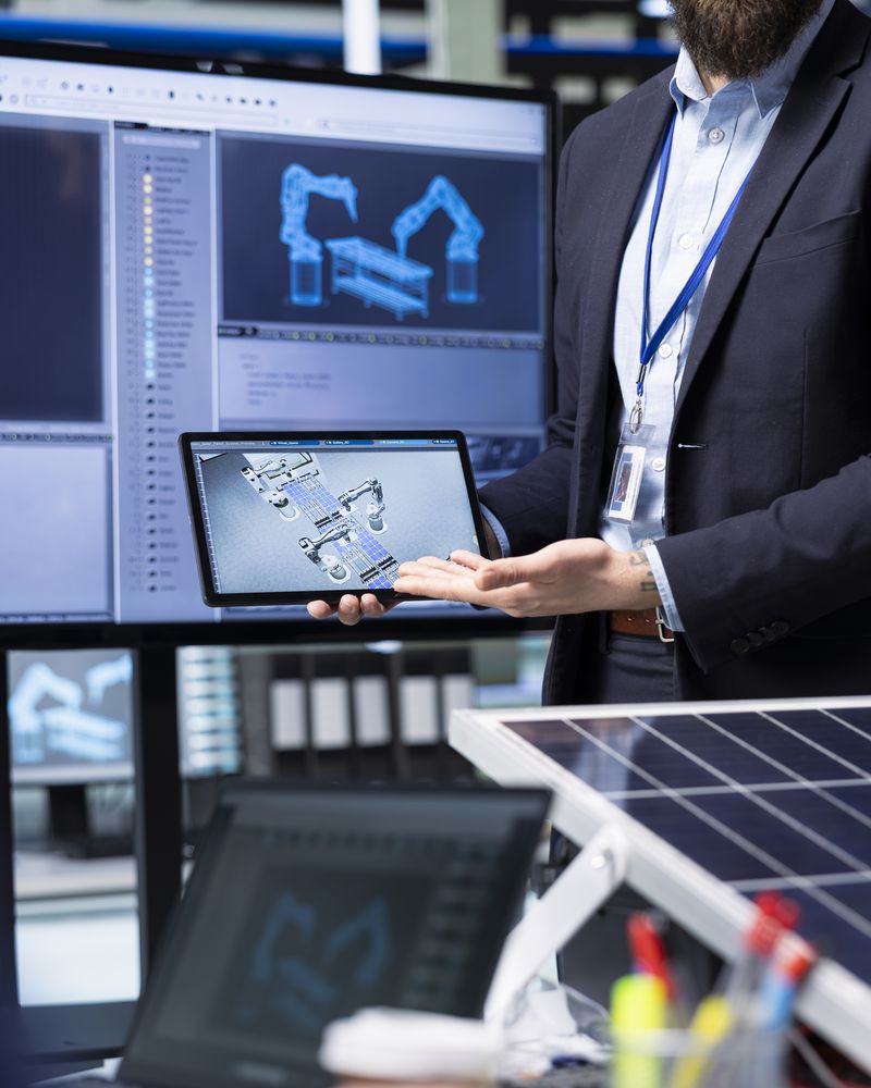 Engineer presenting an automation line layout on a tablet