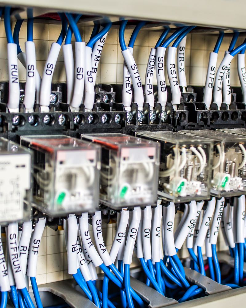 Relays and terminals with printed wire identification sleeves on every conductor